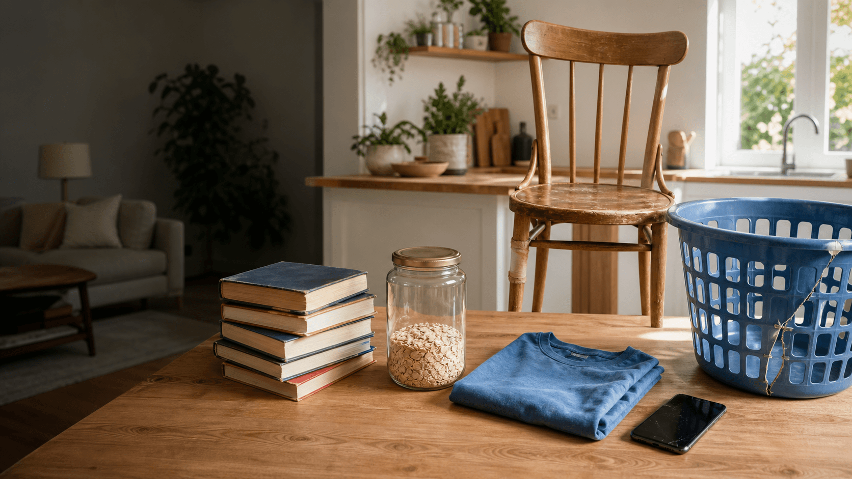 A repaired chair, donated books, reusable jar, faded shirt, smartphone, and recyclable laundry basket in a sunlit home